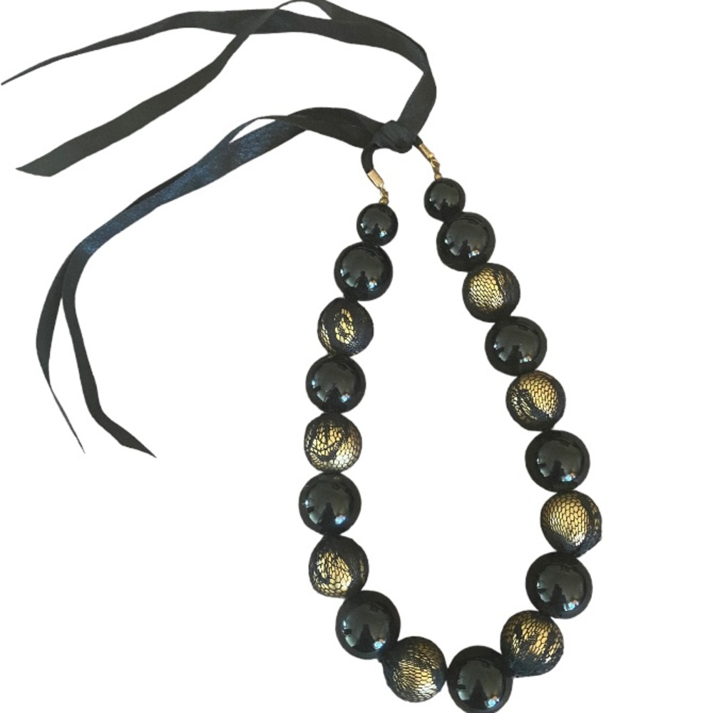 Chic Black Lace Bead Necklace w/Ribbon Tie